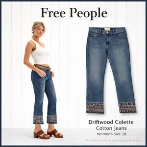 Driftwood Colette Ankle Jeans Sz 28 Cropped Bootcut Embroidered Hem Boho Denim